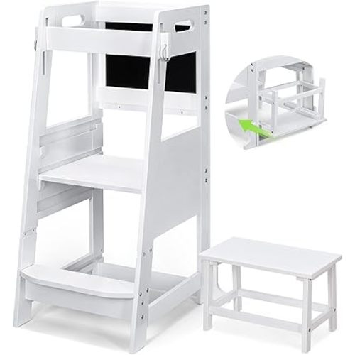 TOETOL Bamboo Toddler Step Stool White Kitchen Counter Learning Helper Standing Tower Ktchen Stool for Toddler 3 Height Adjustable with Chalkboard Message Boards, Small Step Stool, Non-Slip Mat