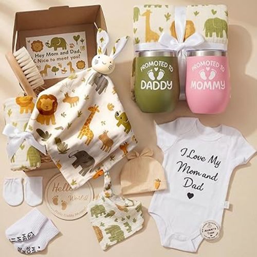Baby Shower Gifts Set for New Parents, Pregnancy & Postpartum Essentials for Mom-to-Be, Gender Reveal Gifts Box for New Mom, Swaddle Blanket, Mom & Dad Tumblers, Newborn Essentials