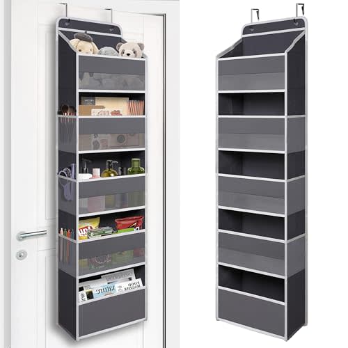 TYMENSH Over the Door Organizer for Bedroom Bathroom Pantry, 5 Shelf Gray | Anti-Tilt Design, 50 lb Load Capacity, Hanging Door Organizer with 5 Large Front and 6 Side Pockets, Behind Door Storage