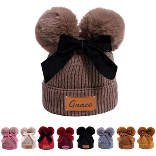 Personalized Toddler Beanie Hat with Bow - Custom Winter Pom Pom Beanies - Leater Patch Baby Warm Knit Hats