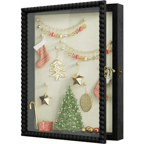 Love-KANKEI Shadow Box Frame 11x14, Deep Large Shadow Box Display Case with Unique Beads Door and Glass Window, Wood Memory Box for Pictures,Medals,Memorabilia,Collections Black
