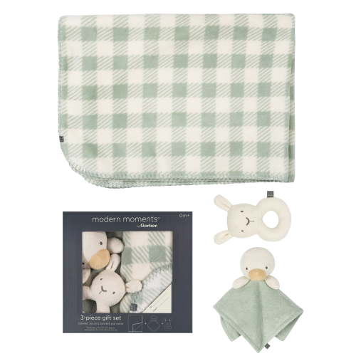 Modern Moments By Gerber Gender Neutral Plush Blanket, Security Blanket & Rattle Gift Set, 3-Piece