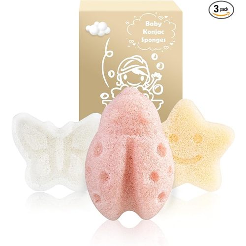 Konjac Baby Sponge for Bathing, 3Pcs Natural Cute Shapes, Kids Bath sponges for Infants, Toddler Bath time, Plant-Based, Extra Soft