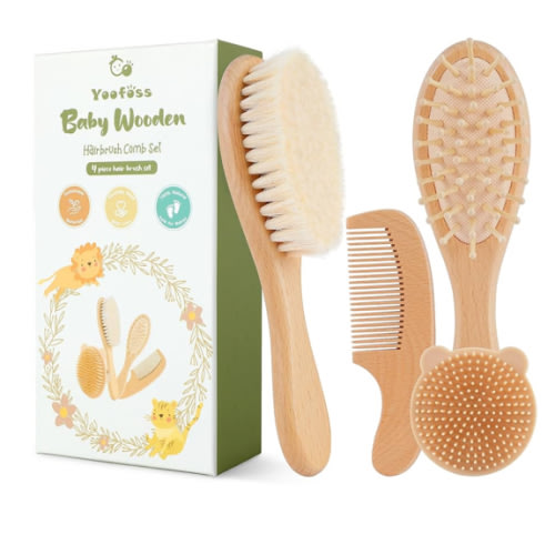 Yoofoss 4 Piece Baby Brush and Comb Set, Wooden Baby Brush with Natural Ultra Soft Goat Hair, Baby Hair Brush for Newborn, Baby Brush Set for Boy Girl
