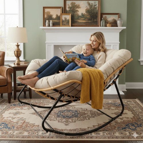 LUMAMIN Rocking Chair Nursery, Indoor/Outdoor Oversized Round Glider Rocker Rocking Accent Chair, Rattan Wicker Armchair for Living Room, Balcony, Lawn, Beige