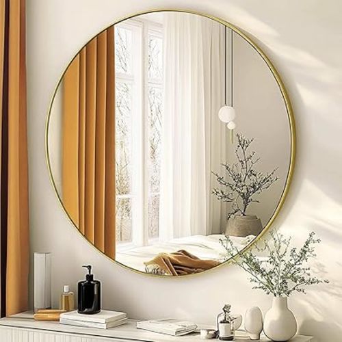 Gold Round Mirror 28 inch, Gold Circle Mirror, Round Wall Mirrors Metal Frame, Circle Mirrors for Bathroom, Living Room, Hallway, Vanity, Over Sink