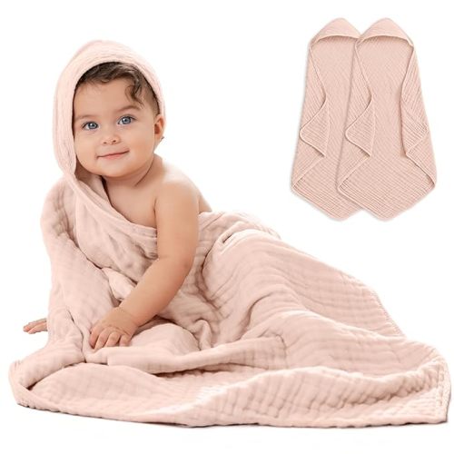 Comfy Cubs 2 Pack Baby Hooded 9 Layer Muslin Cotton Towel for Kids, Large 32” x 32”, Ultra Soft, Warm, and Absorbent. Baby Essentials Bath Towels, Cute Unisex Cover for Girls and Boys (2 Pack, Blush)