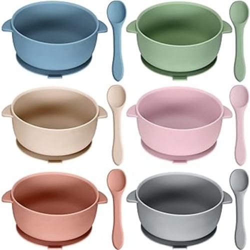 Pinkunn 6 Set Baby Silicone Suction Bowls with Spoons BPA Free Baby Led Weaning Food Bowl Food Grade Toddler Food Storage Bowl Dishwasher Microwave Safe Feeding Set (Cute Color)