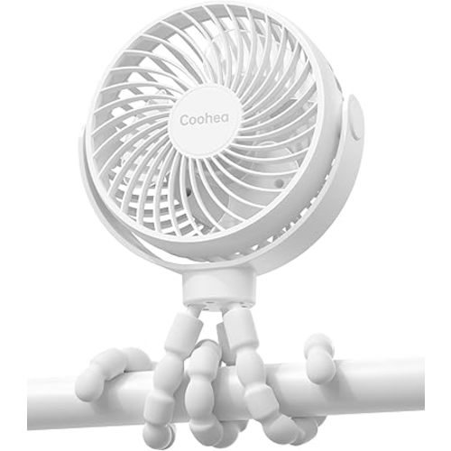 Stroller Fan Clip on for Baby, 4000mAh Rechargeable Battery Operated, Flexible Tripod, 3 Wind Speed, 360° Rotatable, Small Portable Fan for Car Seat Crib Golf Cart Bike Beach Travel, White