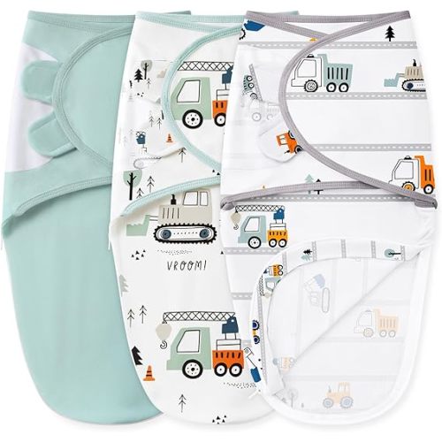 Unnivoll Baby Swaddles for Newborns with Zipper, 100% Cotton Newborn Swaddle Sack, 3 Pack Baby Swaddles 3-6 Months Swaddle Sleep Sack for Newborn Baby Boy Girl Green Excavator