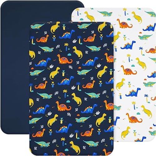 david's kids 3 Pack Mini Crib Sheets, Soft Breathable Premium Pack N Play Sheets for Baby Boys Girls Neutral, Playard and Mini Crib Mattresses, Dinosaur