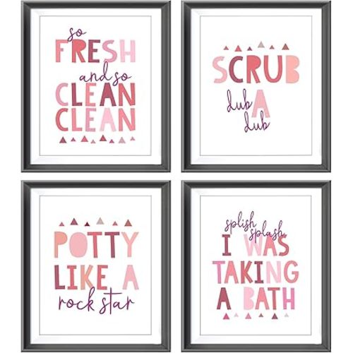 So Fresh and Clean Colorful Bathroom Art Poster Prints for Home Kid Washroom Restroom Nursery Toilet Laundry Decor,Funny Bathroom Rules Word Art Decorations Prints Wall Art Unframed 4pcs 8x10in(Pink)