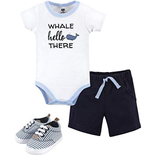 Hudson Baby Unisex Baby Cotton Bodysuit, Shorts and Shoe Set