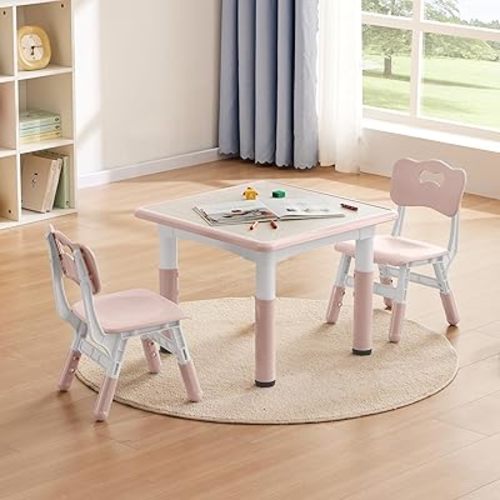 GITAWUSA Kids Study Table and Chairs Set, Height Adjustable Toddler Table and Chair Set for Kids Ages 3-8, 23.6" L x 23.6" W Graffiti Desktop Plastic Children Art Table with 2 Seats, W-Pink