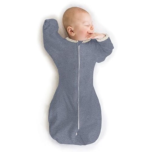 SwaddleDesigns Transitional Swaddle Sack with Arms Up Half-Length Sleeves and Mitten Cuffs, Medium, 3-6 Months, 14-21 lb, Heathered Denim (Arms Up Swaddle, Transition Swaddle Sleep Sack)