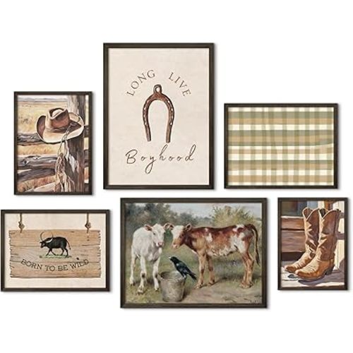 Cowboy Wall Art Nursery Canvas Pictures Western Cow Wall Decor Boys Room Prints Vintage Poster Baby Children Pictures Rustic Painting Cowboy Hats Artwork for Farmhouse Bedroom 12x16 Inch Brown Framed