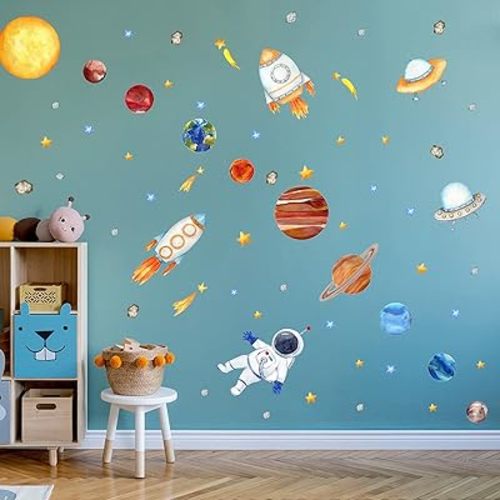 Yovkky Boys Outer Space Planet Astronaut Wall Decals Stickers, Watercolor Galaxy Solar System Spacecraft Rocket Cosmonaut Spaceship Nursery Decor, Home Classroom Decorations Kids Bedroom Playroom Art