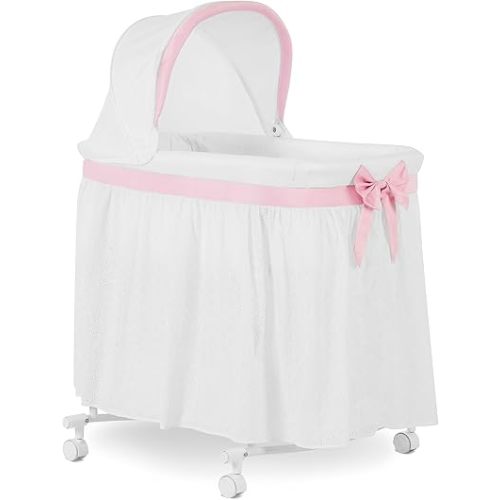 Dream On Me Montreal Portable 2-in-1 Convertible Baby Bassinet in Pink, Adjustable Canopy, Large Storage Area, Rocking Bedside Bassinet with Lockable Wheels.