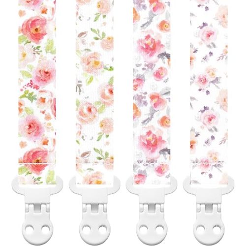 Baby Pacifier Clip Holder - Girl 4 Pack Gift Set – Vintage Rose Flowers Floral Pink, Coral, Green, Gray, Blush