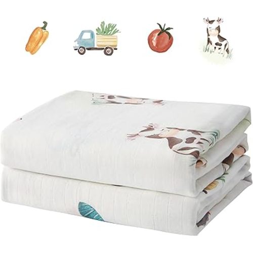 Muslin Swaddle Blankets for Newborn, 2-Pack Breathable Receiving Baby Blanket, Large 47 x 47 Inches Swaddling Wrap for Boys and Girls (Farm Friends)