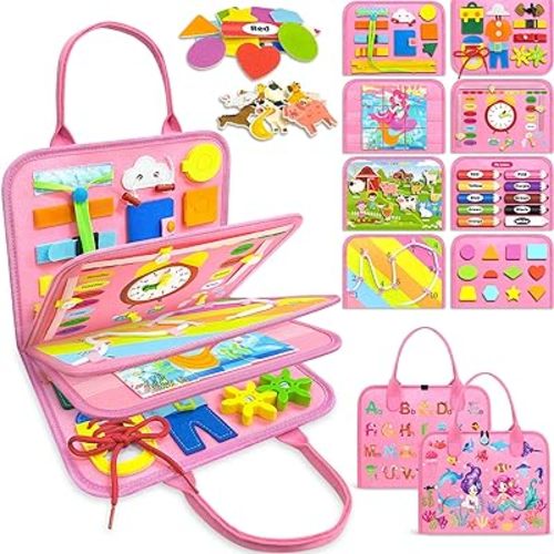 Gojmzo Busy Board Montessori Toys for 1 2 3 4 Year Old Girl Birthday Gifts, Busy Book Sensory Toys for Toddlers 1-3, Toddler Girl Toys Age 1-2, 2-4, Learning Educational Toy Travel Activities