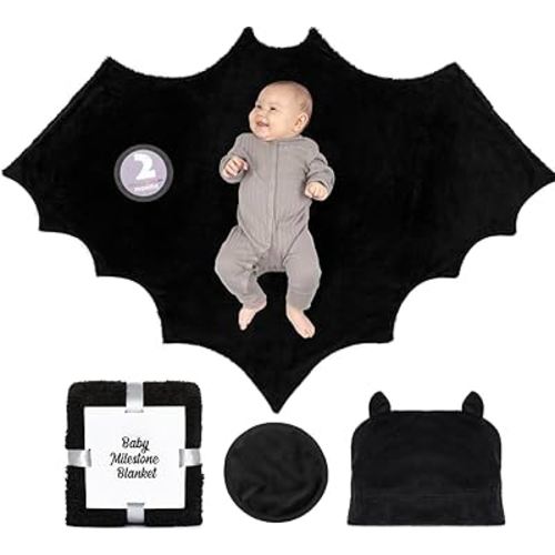 Baby Bat Swaddle Blanket Gift Set with 12 Baby Monthly Stickers, Circle Prop and Plush Baby Bat Hat, 46x36 inch Halloween Baby Blanket is the Perfect Goth Baby Stuff for Gothic Baby Nursery