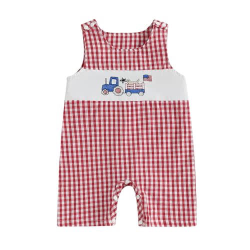 PUHHAPIEY Baby Boy Summer Clothes Sleeveless Embroidery Dinosaur Striped Retro Romper Jumpsuit Smocked Shortall