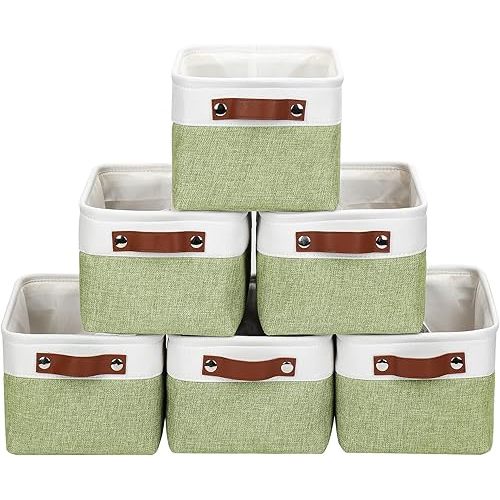 Small Storage Basksts with PU Handle - 12*8*6 inch Decorative Fabric Storage Bins, Foldable Linen Closet Cubes, Organizer Container for Home, Shelves, Nursery, Dorm, Gift (Green&White)