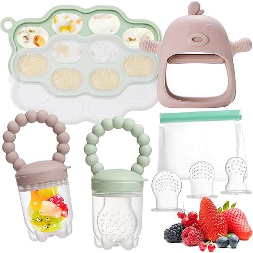 Baby Feeding & Teething Kit, Breastmilk Popsicle Molds, Food Freezer Tray, Baby Fruit Food Feeders, Baby Teething Mitten, 3 Extra Food Pacifiers & Storage Bag for Infant Newborn, BPA Free