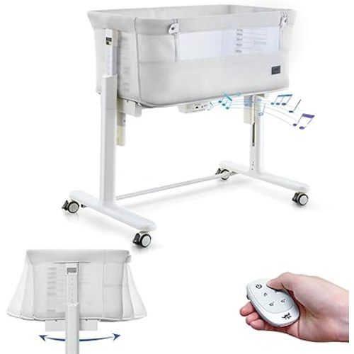 Rocking Bassinet for Baby Automatic Bedside Crib Electric Cradle 5 Heights Adjustable Bedside Sleeper for Babies Infant Smart Auto Rocking Crib 3 in 1 Bassinet on Wheels, White