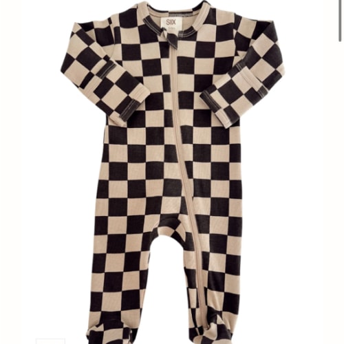 Tiramisu/Black Checkerboard / Organic Zip Footie – SpearmintLOVE