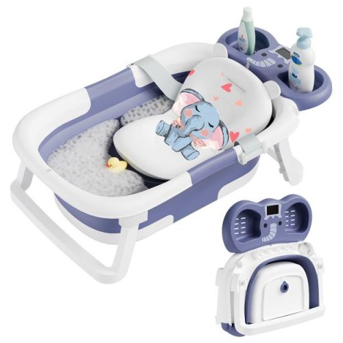 TUMAJUP Foldable Elephant Baby Bathtub for Infants and Toddlers with Soft Cushion and Thermometer-Blue