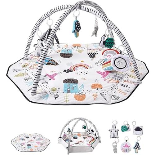 VEVOR Baby Play Gym Mat, Tummy Time Mat with 6 Detachable Sensory Toys, 41.7" x 41.7" Large-Sized Baby Newborn Activity Mat with Fold-up Sides & Soft Fabric for Sensory and Motor Skill Development