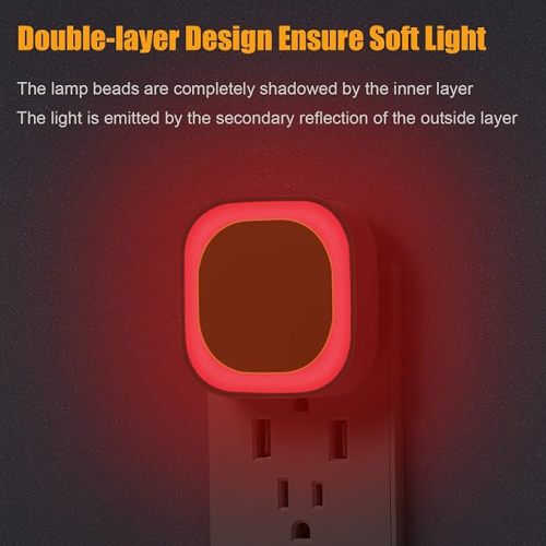 2 Pack Plug in Dimmable Red Night Light, Auto Dusk to Dawn Sensor, LED Night Light, Soft Glow, Diffused Light, Square Nightlight for Bathroom, Hallway, Stairs, Kitchen, Bedroom, Garage