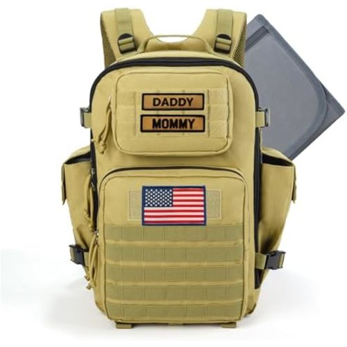 SHARKMOUTH Military Diaper Bag for Baby - Large Baby Backpack with Changing Pad for Boy Girl - Army Dad Diaper Bag for Hiking Travel Camping Trips Tan