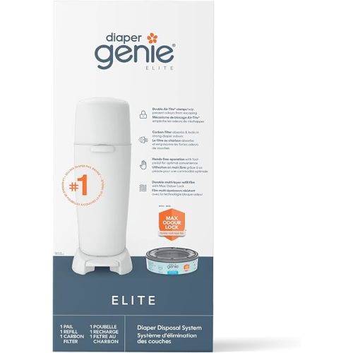 Diaper Genie Elite Diaper Pail (White) – Hands free operation | Includes 1 Diaper Trash Can, 1 Refill Bags, 1 Carbon Filter