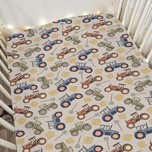 Vintage Tractors Baby Crib Sheets for Boy Girl 28"x52" Farm Tractor Harvest Soft Stretchy Fitted Crib Mattress Cover Farmhouse Trucks Vehicle Nursery Baby Sheet for Crib and Toddler Bed Mattresses