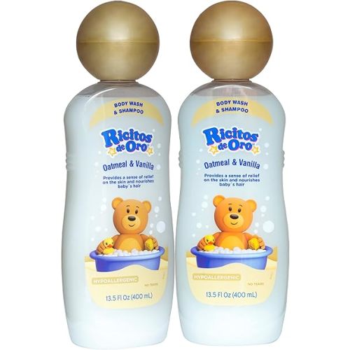 Ricitos de Oro Baby Shampoo and Body Wash, Formula with Oats and Vanilla, Hypoallergenic, Tear-Free Body Wash and Shampoo, 2-Pack of 13.5 Fl Oz Each, 2 Bottles