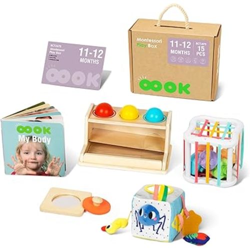 Montessori Toys for 1 Year Old, 5 in 1 Learning Educational Wooden Toys Set (Includes Push Balls Set,Shape Sorter,Mirror Puzzle,Cloth Toys Box and More)