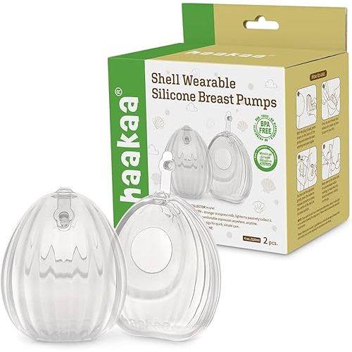 HAAKAA Shell Wearable Hands-Free Manual Breast Pump/Milk Collector – Medical-Grade Silicone – Compact, Portable & Discreet – Leak-Proof Valve 4 oz 2PK