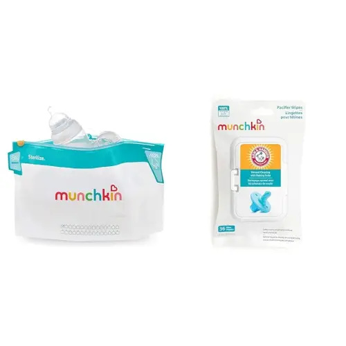 Munchkin® Sterilize™ Microwave Bottle Steam Sterilizer Bags, 30 Uses per Bag, 6 Pack & Arm & Hammer Pacifier Wipes - Safely Cleans Baby and Toddler Essentials, 1 Pack, 36 Wipes