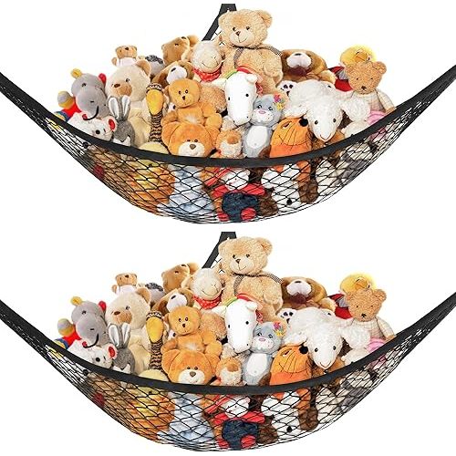 Stuffed Animal Net Hammock for Plushie Toys, Stuffed Animal Hammock Corner for Kids' Room Decor, Ideas for Organizing Stuffy Collection, 2 Pack, Black
