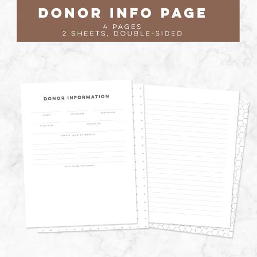 Donor Information: Modern Baby Book pages for babies conceived via egg or sperm donor