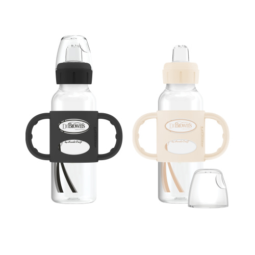 Dr. Brown's Milestones Narrow Sippy Spout Bottle with Handles, 8oz/250ml, 6m+, Black/Ecru, 2 Pack