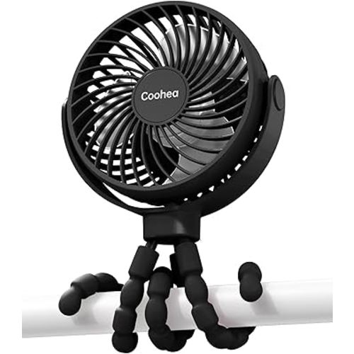 Stroller Fan Battery Operated Portable Fan USB Rechargeable Small Fan with Flexible Tripod Cooling Fan Clip on for Baby Stroller Car Seat Bike Golf Cart Beach Trip Outdoor, 3 Speeds Wind, Black