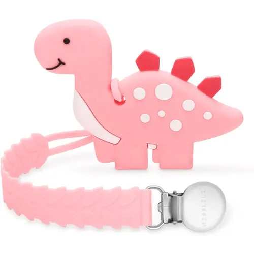 Teething Toys for Babies 3 Months+ Baby Teethers with Clip Silicone Teether Toys for Boys and Girls Infant Teething Relief Dinosaur Shape, Pink