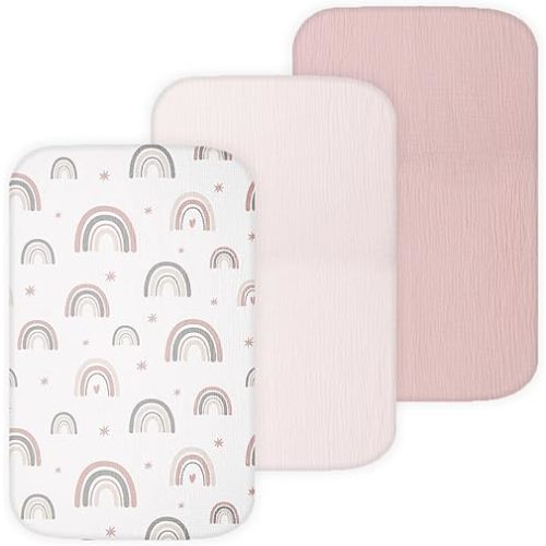 TansyPanda Muslin Bassinet Sheets for Bellababy, Fodoss, KoolerThings, Besrey, Koola Baby Bedside Sleeper, 3 Pack, 20×33 in, Ultra Soft, Breathable, Snug Fit, Unisex Boys and Girls, Pink Rainbow