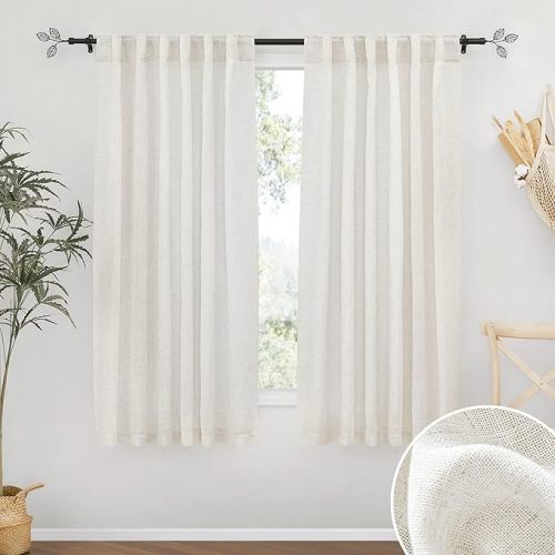 RYB HOME Semi Sheer Curtains 63 inch Length 2 Panels, Linen Textured Privacy Protect Window Drapes Soft Breathable Back Tab Window Curtains for Bedroom Living Room Decor, 52 W x 63 L, Linen