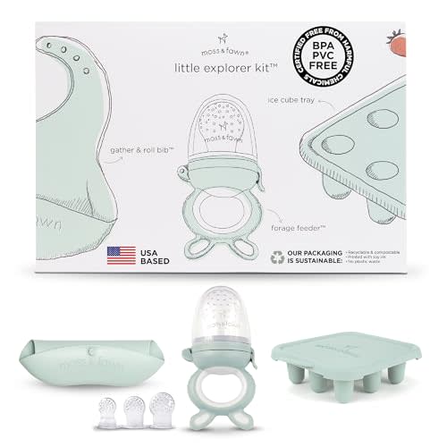Moss and Fawn Little Explorer Kit - Silicone Frozen Breast Milk Popsicle Kit with Forage Feeder, Teething Popsicle Ice Cube Tray, & Gather & Roll Baby Feeding Bib - BPA, PVC, & Lead-Free - Fern