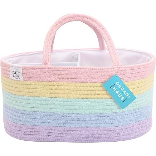OrganiHaus Pastel Rainbow Basket, Rope Diaper Caddy Basket, Baby Diaper Caddy Organizer, Nursery Basket & Baby Baskets for Newborn Baby Diaper Organizer for Rainbow Decor, Diaper Storage Organizer